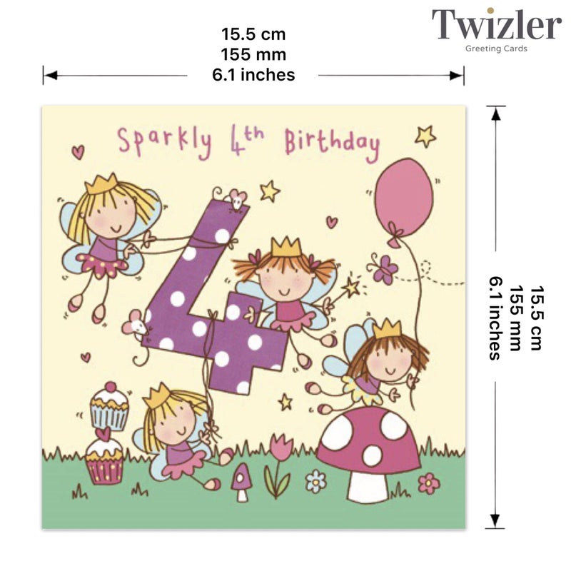 TWIZLER Fairy Princess 4th Birthday Card, 6.1 x 6.1 in, Sparkly Theme, Envelope Included - Image 3